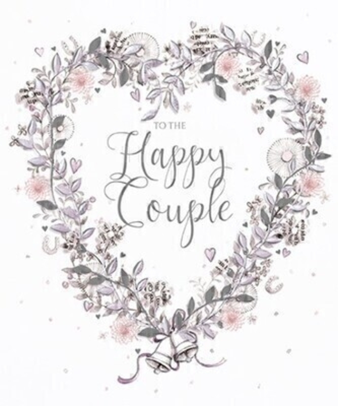 This Wedding greetings card has TO THE HAPPY COUPLE written in silver surrounded by a love heart wreath of flowers and finished with two silver bells.  This card is perfect to send to a couple on their Wedding Day.  Its netural colours means it can be given to a couple of any gender and has Wishing You Both a Wonderful Life Together Filled With Joy and Happiness.  It comes complete with an envelope and is a lovely card designed by Avocado Designs from Paper Rose.